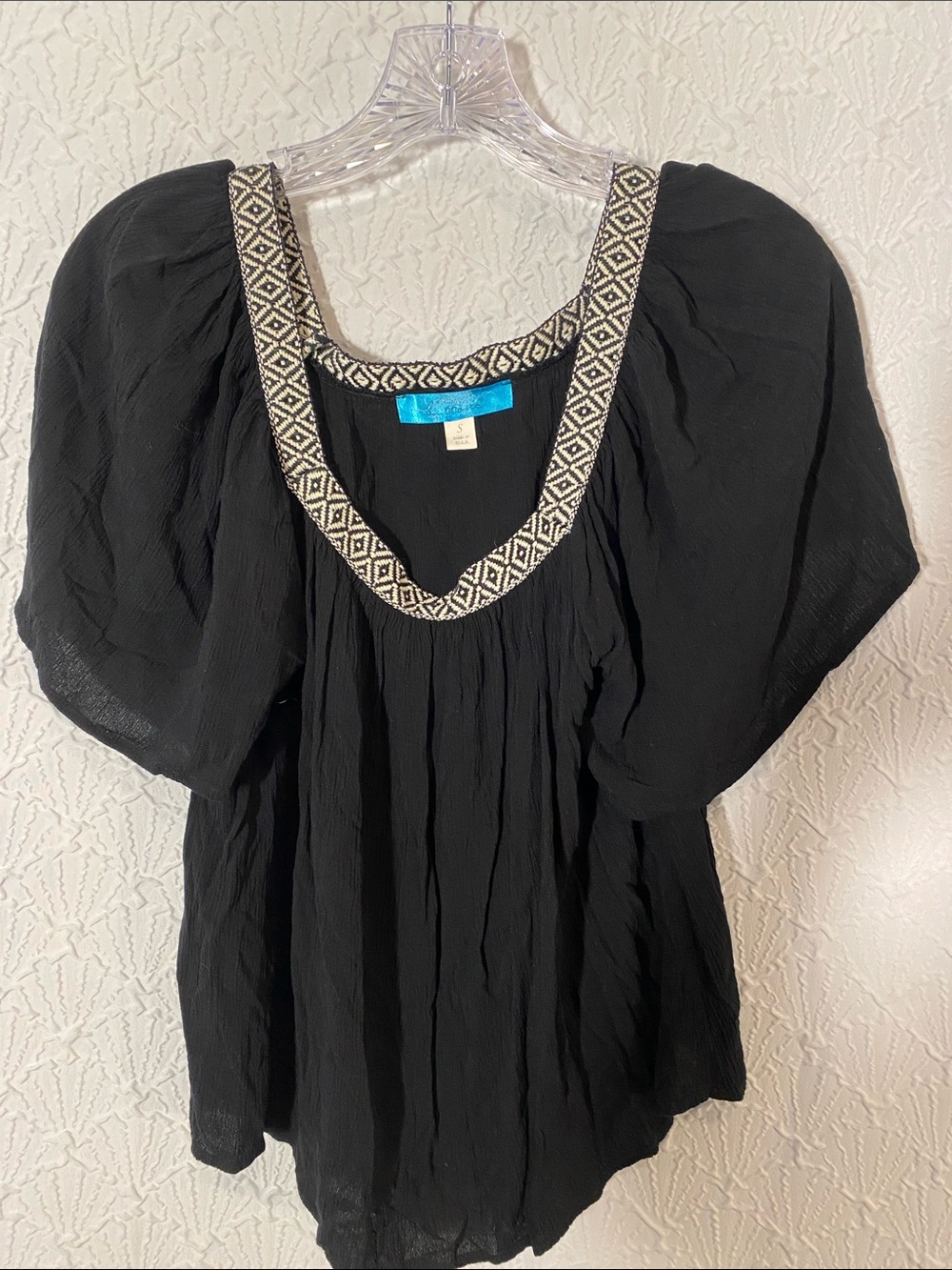 buttons Black Puff-Sleeve Tunic with Ivory Beaded Trim